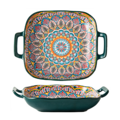 Morocco 9 Inch Bohemian Ceramic Double Handled Square Plate Plates