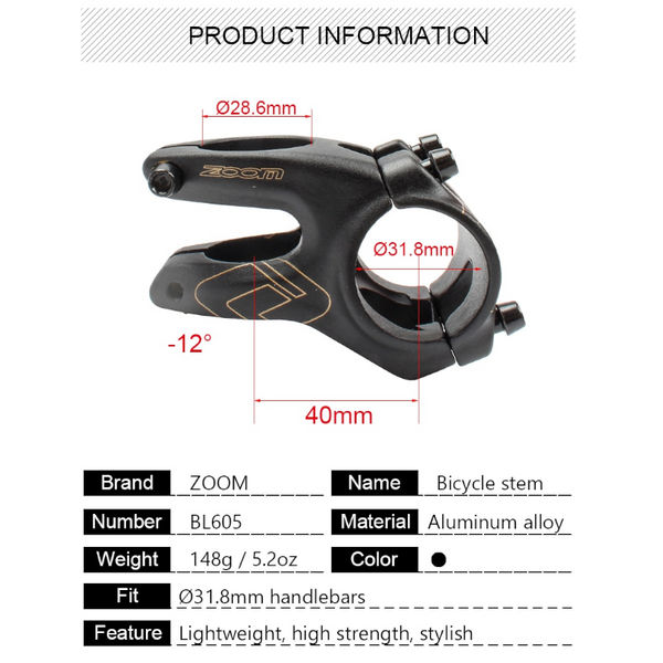 Mountain Bike Stem 40Mm 31.8 Diameter Black Stems