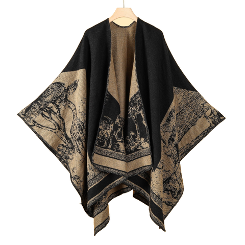 Mountain Fawn Black Camel Elegant Autumn Winter Shawl Artistic Split Design Knit Cloak With Oil Painting Style Scarves & Wraps