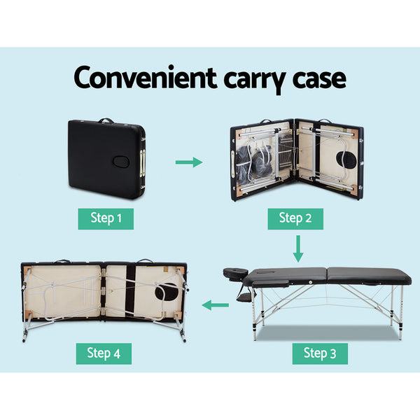 Zenses 2 Fold Portable Aluminium Massage Table Bed Beauty Therapy Black 55Cm Massage Tables & Chairs