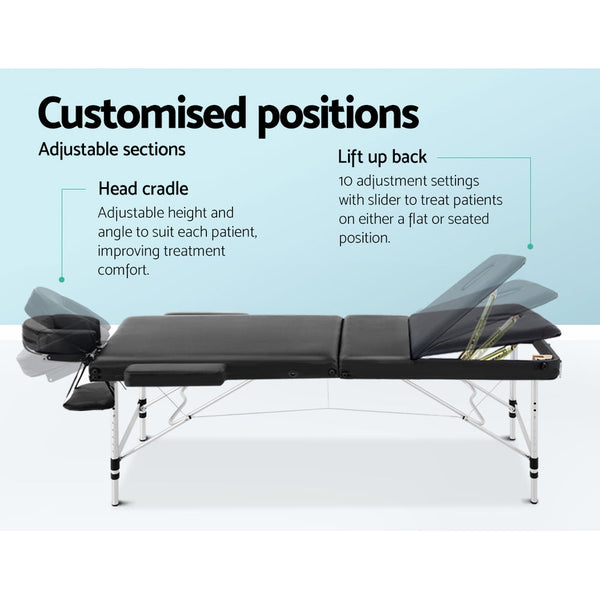 Zenses 3 Fold Portable Aluminium Massage Table Black Massage Tables & Chairs