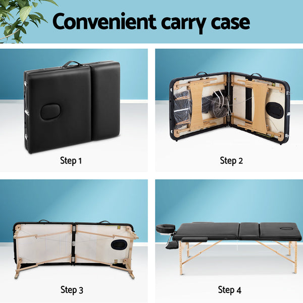 Zenses 60Cm Wide Portable Massage Table 3 Fold Treatment Beauty Therapy Black Massage Tables & Chairs