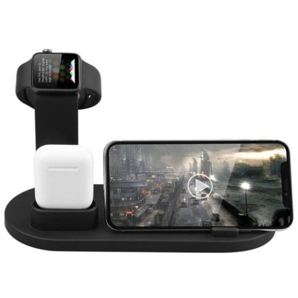 Multi Function 3 In 1 Bracket Charging Stand Watch Mobile Phone Headset Charger Black