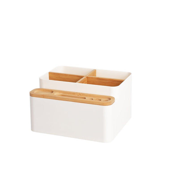 Multi Function Bamboo Wood Desktop Storage Box Cosmetic Organizer Remote Control Phone Holder Home Office Storage Boxes