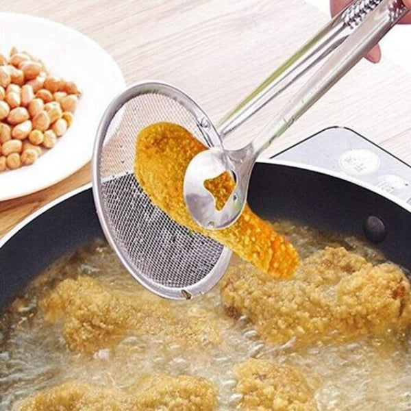 Multi Functional Filter Spoon With Clip Food Kitchen Oil Frying Salad Bbq Silver