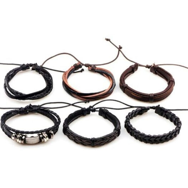 Multi Layer Retro Woven Pu Leather Bracelet 6Pcs