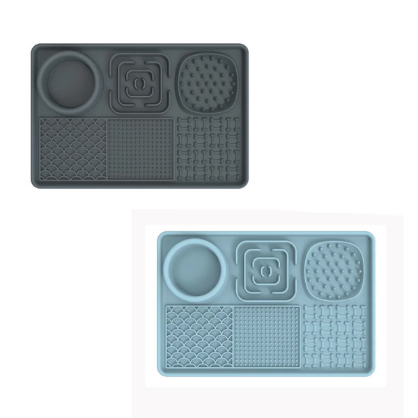 Multi Functional Slow Feeder Mat For Dogs Anti Slip Lick Pad With Multiple Textures Rectangle 2Pcs (Blue & Grey) Dog Feeding Mats