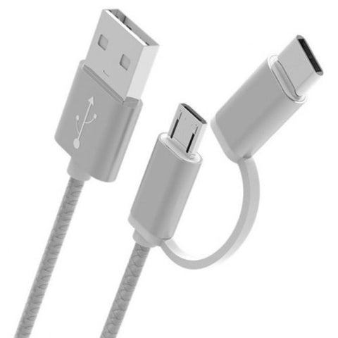 Multifunction 1M 2 In1 Type C Micro Usb Mobile Phone Combo Sync Cable Charger Silver