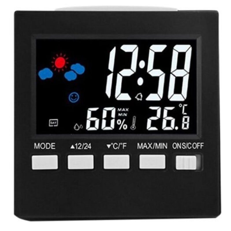 Multifunction Led Temperature And Humidity Color Display Calendar Voice Control Clock Weather Station Black Weather Stations