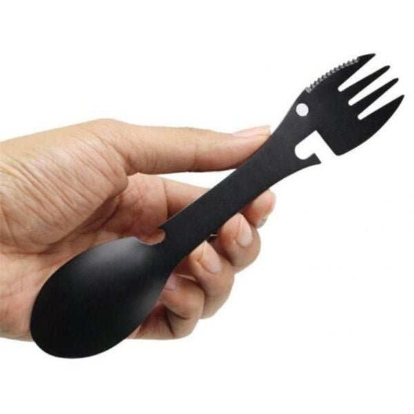 Multifunctional Camping Equipment Cookware Spoon Fork Bottle Open Portable Tool Black