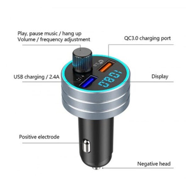 Multifunctional Fast Charging 3.0 Car Bluetooth Fm Transmitter Dual Usb Charger Mp3 Player Gray