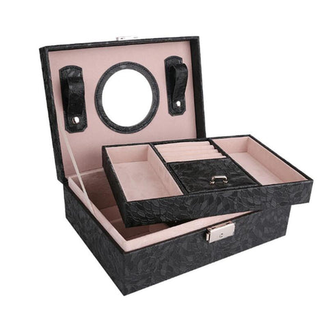 Multifunctional Jewelry Box European Style Wooden Lock Storage With Mirror Black