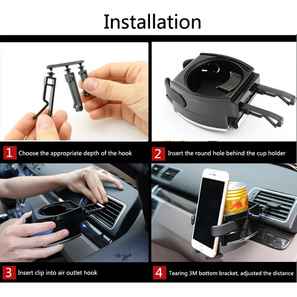 Multifunctional Air Vent Cup Holder Cell Phone Mount Black