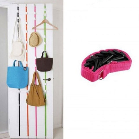 Multipurpose Stainless Steel Over Door Straps Hanger Nylon Belt Coat Rackhat Bag Key 8 Hooks Pink