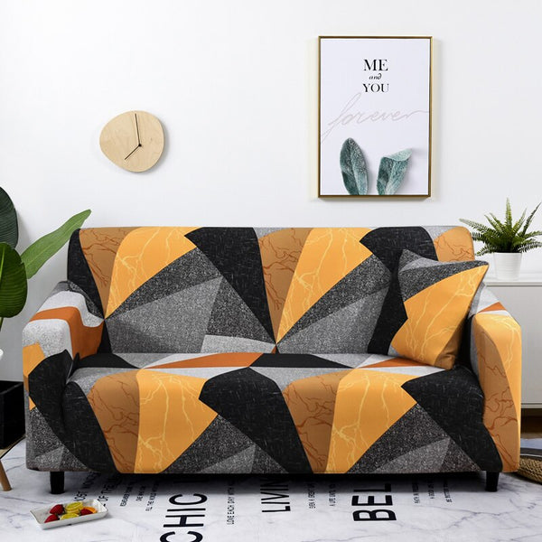 2 Seater Sofa Cover Golden Yellow Geometric Style Elastic Stretchable Slipcover Slipcovers