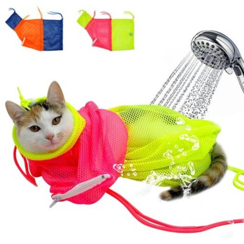 Nail Trimming Washing Bath Mesh Cat Bag Orange Pet Grooming