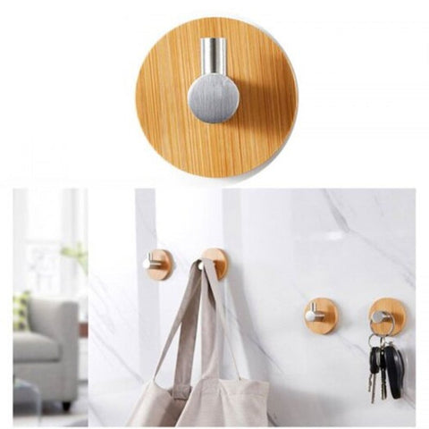 Natural Bamboo Stainless Steel Wall Clothes Bag Key Hanger Kitchen Bathroom Door Rustproof Shelf Single Hook