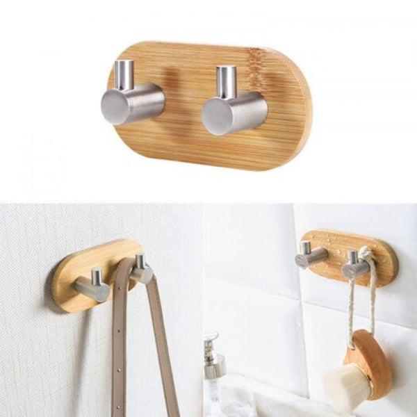 Natural Bamboo Stainless Steel Wall Clothes Bag Key Hanger Kitchen Bathroom Door Rustproof Shelf Single Hook
