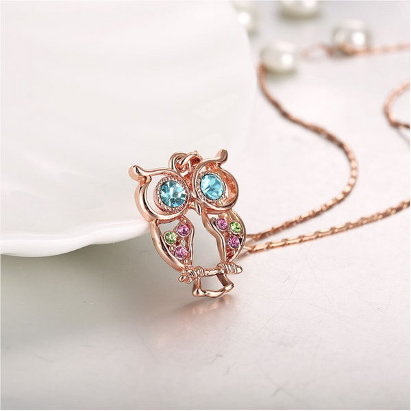 Veile Studios Necklaces Rose Gold Plated Glass And Czech Drill Owl Necklaces & Pendants