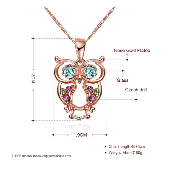 Veile Studios Necklaces Rose Gold Plated Glass And Czech Drill Owl Necklaces & Pendants