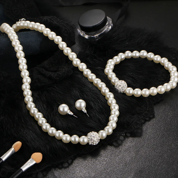 Vintage Simple Faux Pearl Choker Necklace Earrings Bracelet Jewellery Set