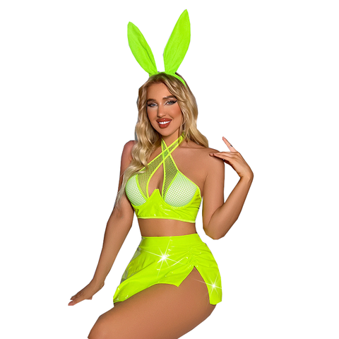Neon Pvc Faux Latex Mini Skirt Halter Bra Bunny Ears Costume