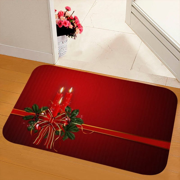 Christmas Red Candle Printed Soft Flannel Floor Bathroom Anti Slip Mat Rug 40X60cm