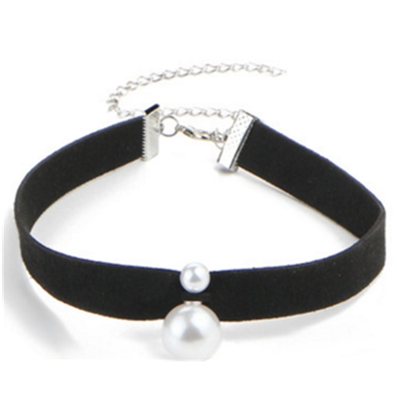 Veile Studios Fashion Faux Leather Black Ribbon Choker With Simulated Pearl Pendant Necklaces & Pendants