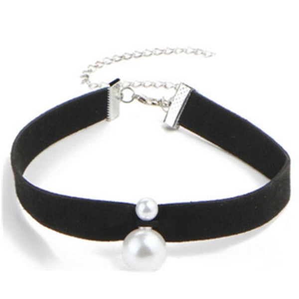 Veile Studios Fashion Faux Leather Black Ribbon Choker With Simulated Pearl Pendant Necklaces & Pendants