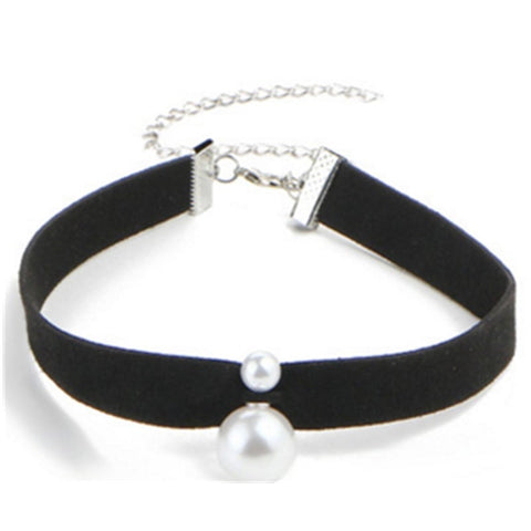 Veile Studios Fashion Faux Leather Black Ribbon Choker With Simulated Pearl Pendant Necklaces & Pendants