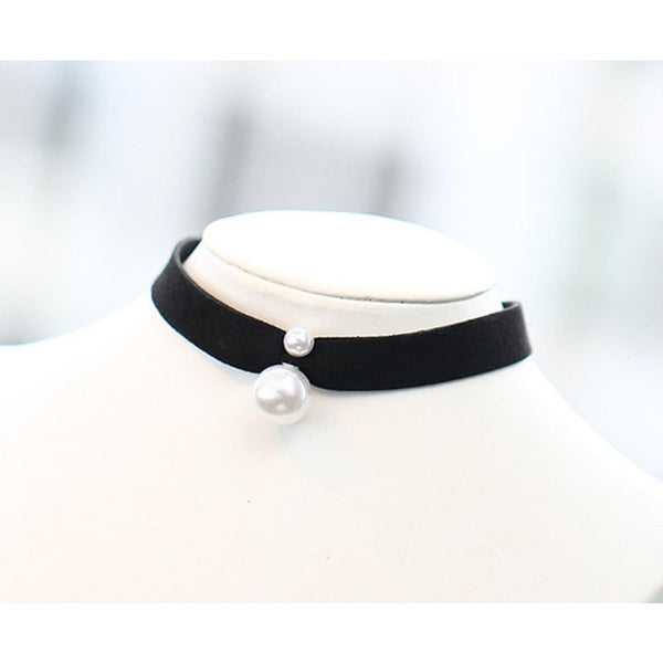 Veile Studios Fashion Faux Leather Black Ribbon Choker With Simulated Pearl Pendant Necklaces & Pendants
