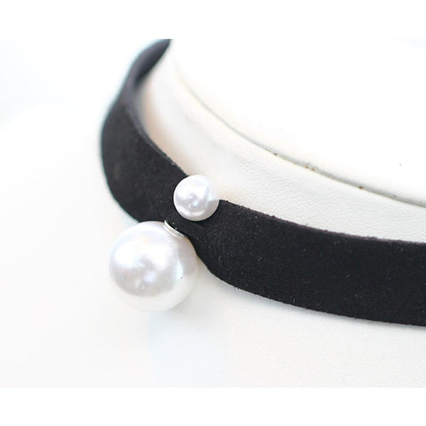 Veile Studios Fashion Faux Leather Black Ribbon Choker With Simulated Pearl Pendant Necklaces & Pendants