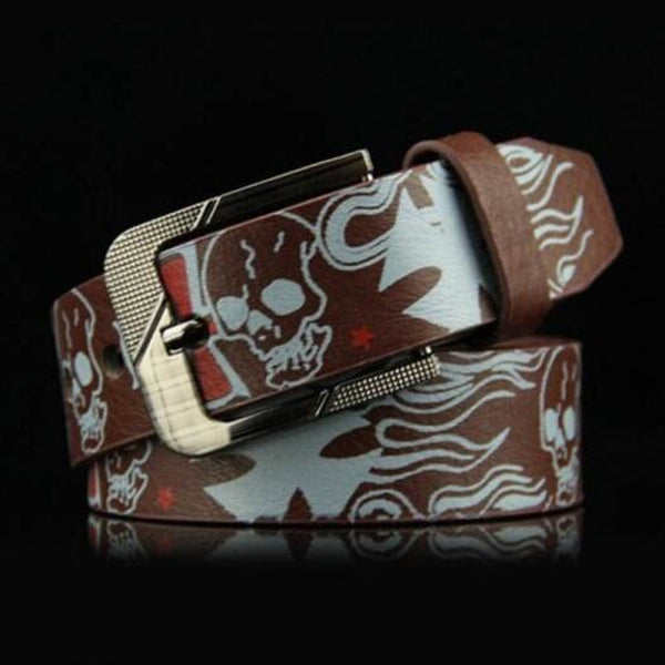 Skull Pattern Men's Belt Punk Style Pin Buckle Waistband Brown Belts