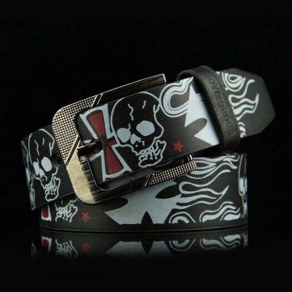 Skull Pattern Men's Belt Punk Style Pin Buckle Waistband Brown Belts