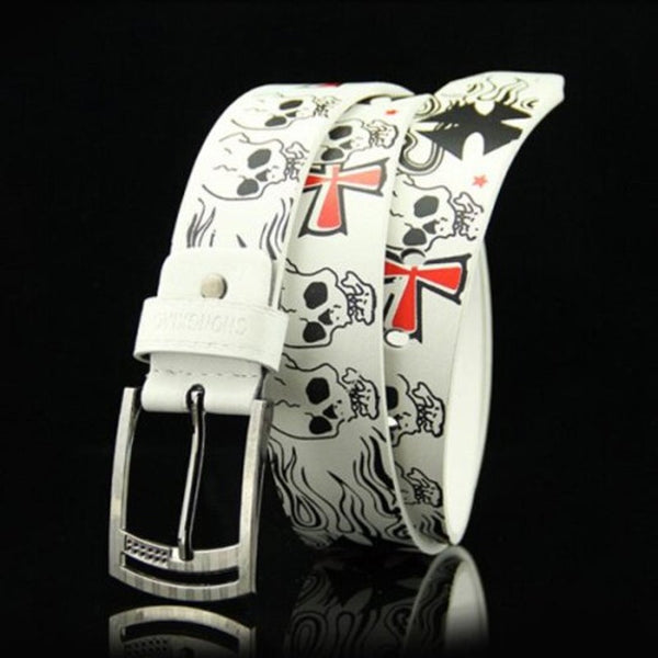 Skull Pattern Men's Belt Punk Style Pin Buckle Waistband Brown Belts