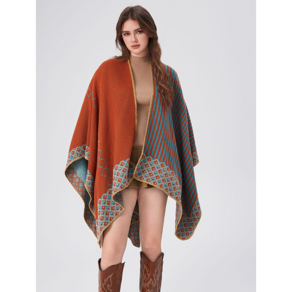 Elosung New Stripe Fish Scale Orange Elegant Autumn Winter Shawl Artistic Split Design Knit Cloak With Oil Painting Style Scarves & Wraps
