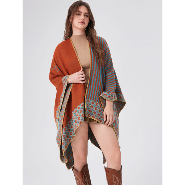 Elosung New Stripe Fish Scale Orange Elegant Autumn Winter Shawl Artistic Split Design Knit Cloak With Oil Painting Style Scarves & Wraps