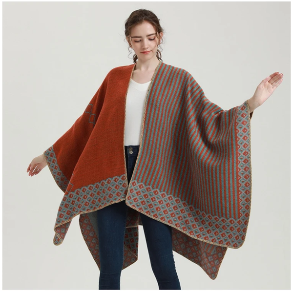 Elosung New Stripe Fish Scale Orange Elegant Autumn Winter Shawl Artistic Split Design Knit Cloak With Oil Painting Style Scarves & Wraps