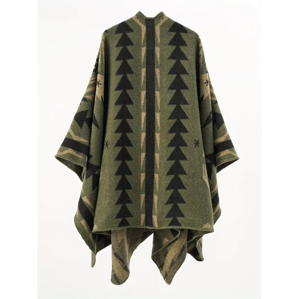 Elosung New Totem Diamond Green Elegant Autumn Winter Shawl Artistic Split Design Knit Cloak With Oil Painting Style Scarves & Wraps