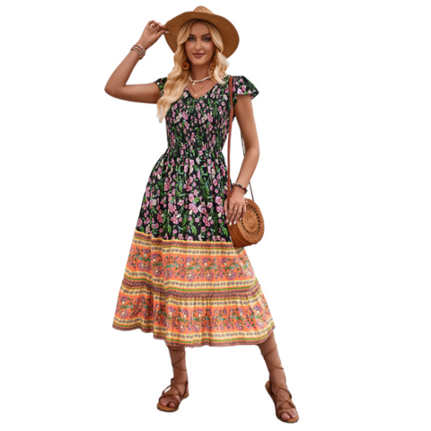 New Flowers Print V Neck Dress Summer Casual Ruffle Sleeveless For Women Dresses