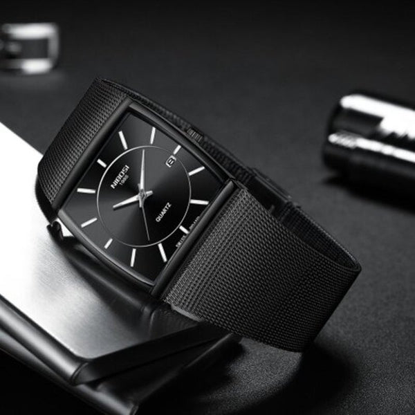 Veile Studios 2338 Men's Square Watch Stainless Steel Waterproof Wrist Black Watches