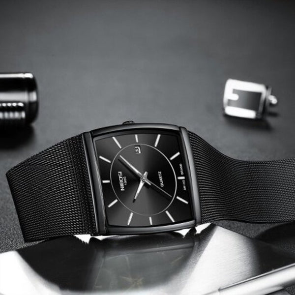 Veile Studios 2338 Men's Square Watch Stainless Steel Waterproof Wrist Black Watches