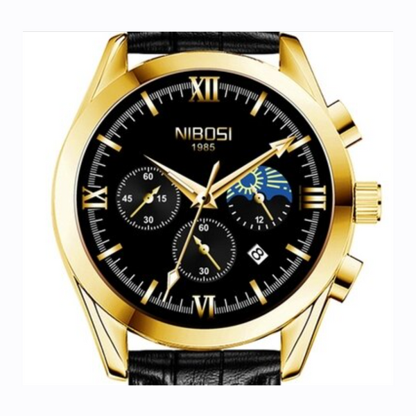 Veile Studios 1666P Leather Male Quartz Watch Multi A Black Band Gold Case Watches