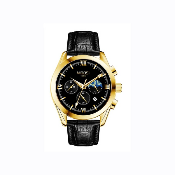Veile Studios 1666P Leather Male Quartz Watch Multi A Black Band Gold Case Watches