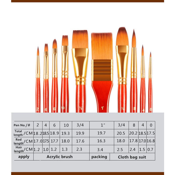 10Pcs Nylon Paint Brush Watercolor Oil Painting Acrylic Multi Function With Bag Artists Brushes