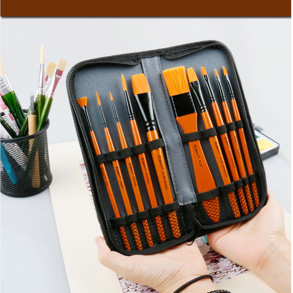 10Pcs Nylon Paint Brush Watercolor Oil Painting Acrylic Multi Function With Bag Artists Brushes