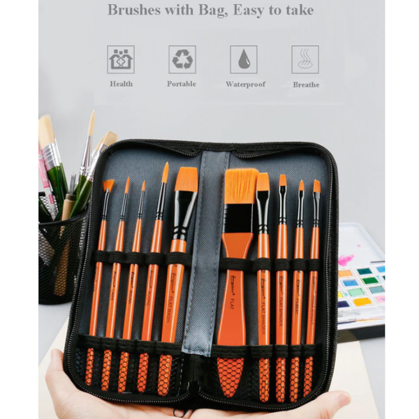 10Pcs Nylon Paint Brush Watercolor Oil Painting Acrylic Multi Function With Bag Artists Brushes