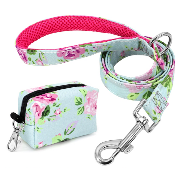 Nylon Dog Leash Bag Set Flower Printed Dogs Walking With Protable Waste For Snack Whistle Key Pet Supplies