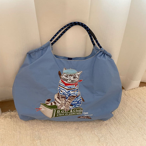 Japanese Painter Cat Embroidery Shopping Bag Nylon Blue Beige Pink Square Women's Bags & Handbags