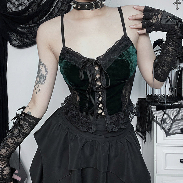 Altgoth Fairy Grunge Mall Goth Velvet Camis Women Streetwear Coquette Y2k E-Girl Lace Patchwork Hollow Out Corset Crop Tank Tops
